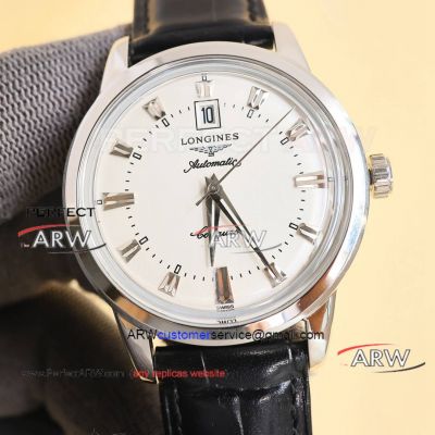 AAA replica Longines Conquest white dial Swiss automatic mechanical leather strap watch 